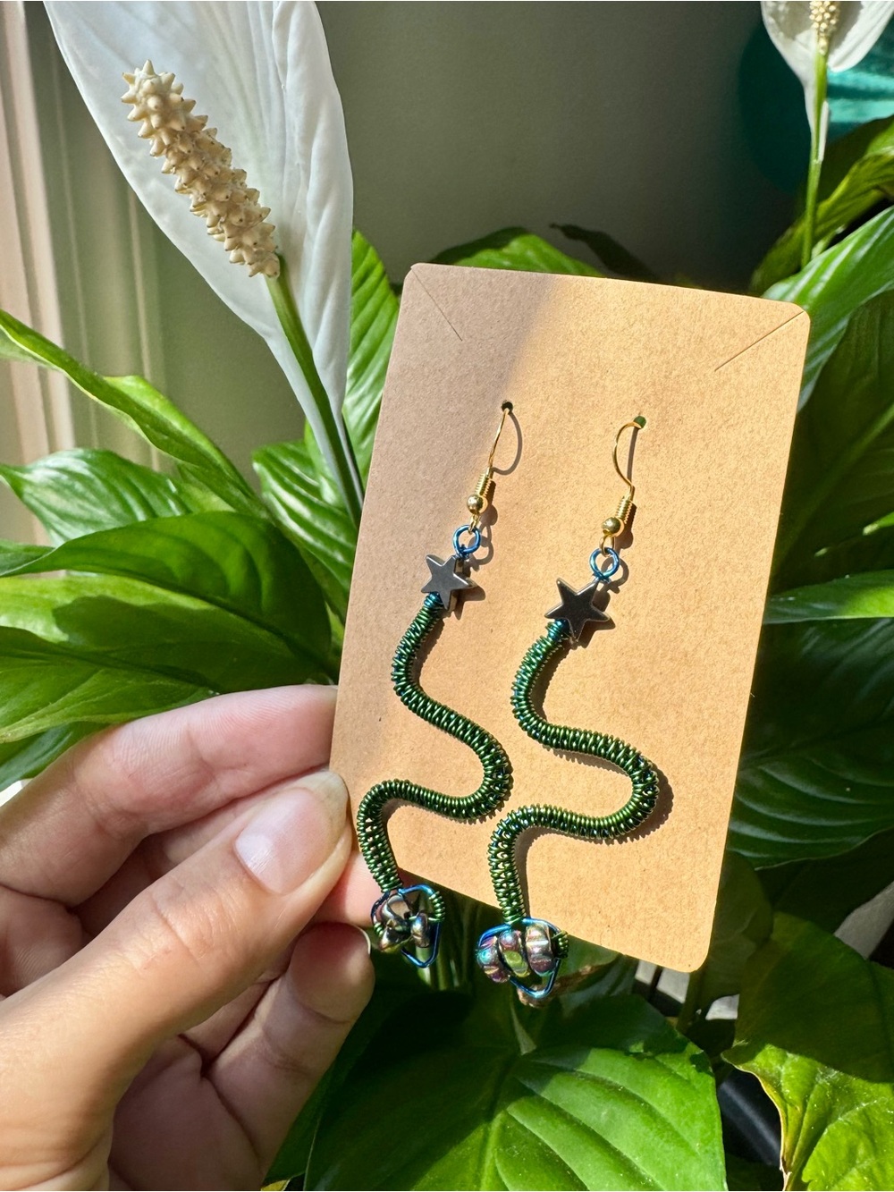 ✨RAINBOW HEMATITE | Wire Wrapped Green Snake Earrings